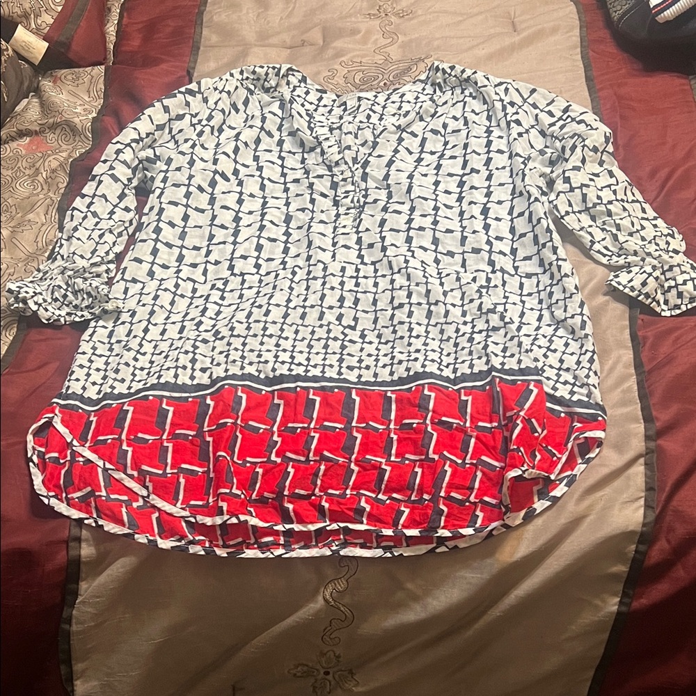 J. Crew Red and Black Patterned Blouse